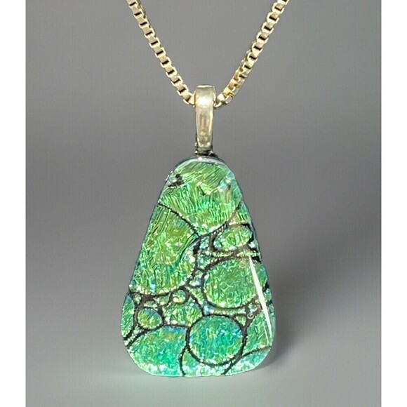 Dichroic Glass Pendant Handmade Green Black Fusion Box Chain Stainless Steel - Picture 1 of 9